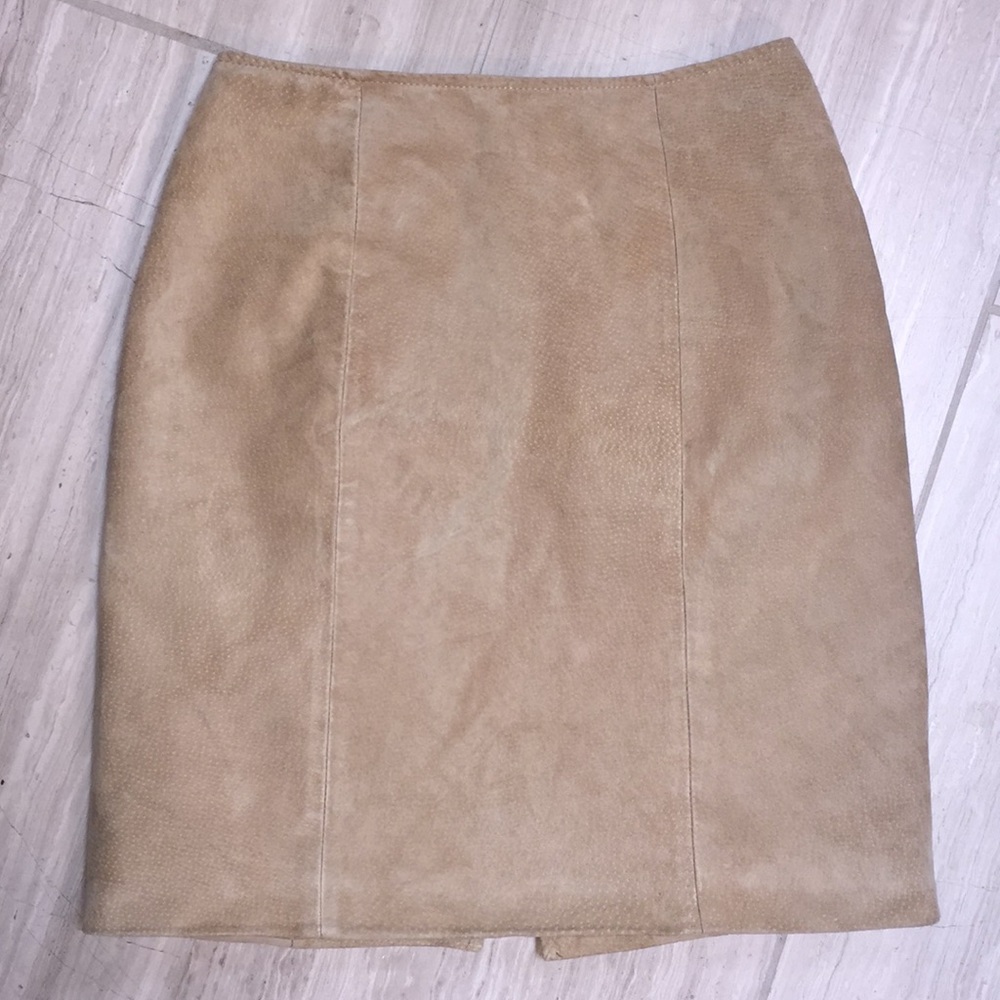 Vintage 1980’s 80s 90s Cowhide Suede Leather Tan Pencil Mini Skirt